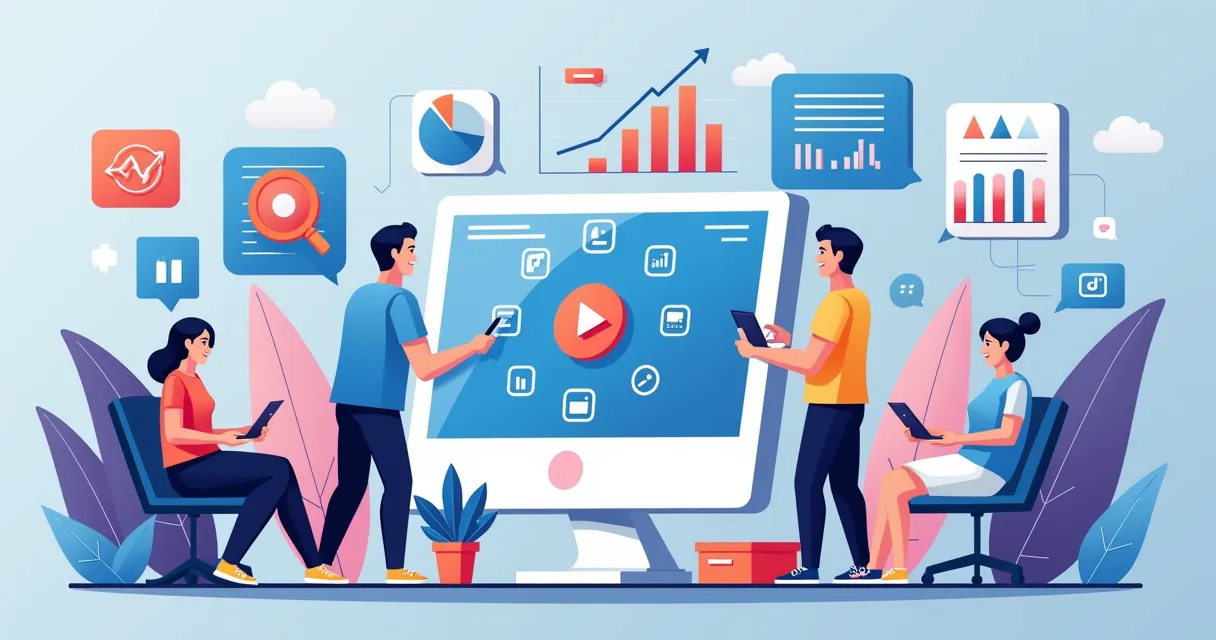 Un montaje dinámico que muestre ejemplos de contenido multimodal: imágenes optimizadas, videos cortos, infografías interactivas y GIFs animados.