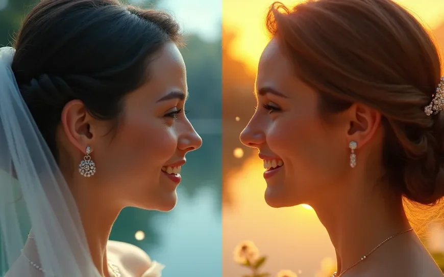 Portada del pilar SEO para fotógrafos: contraste visual entre una imagen de boda generada por IA (fría y perfecta) y una fotografía de boda humana auténtica y emotiva.