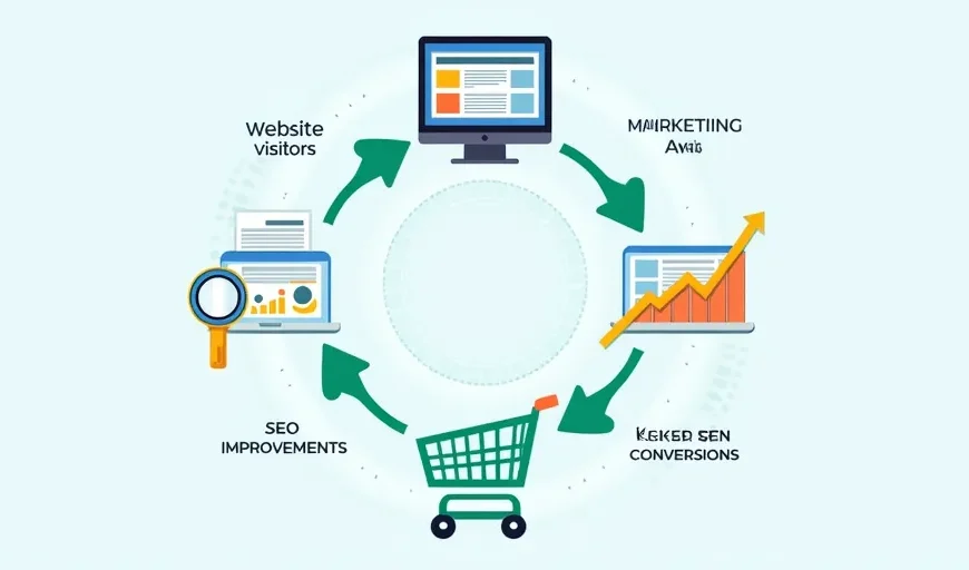 Infografía del ciclo virtuoso de remarketing y SEO, mostrando la conexión entre visitantes, anuncios, optimización y conversiones.