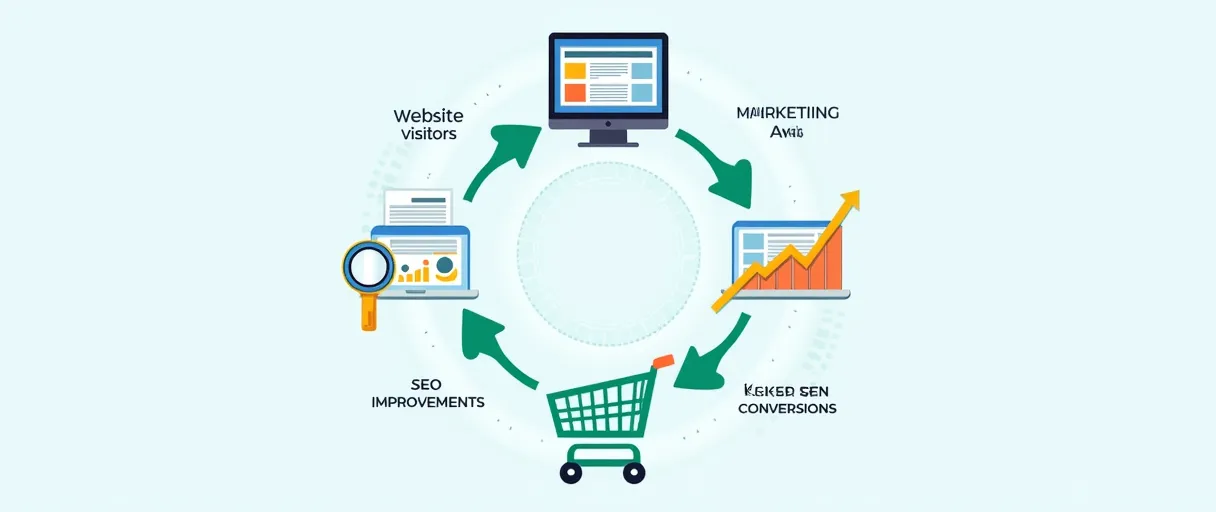 Infografía del ciclo virtuoso de remarketing y SEO, mostrando la conexión entre visitantes, anuncios, optimización y conversiones.
