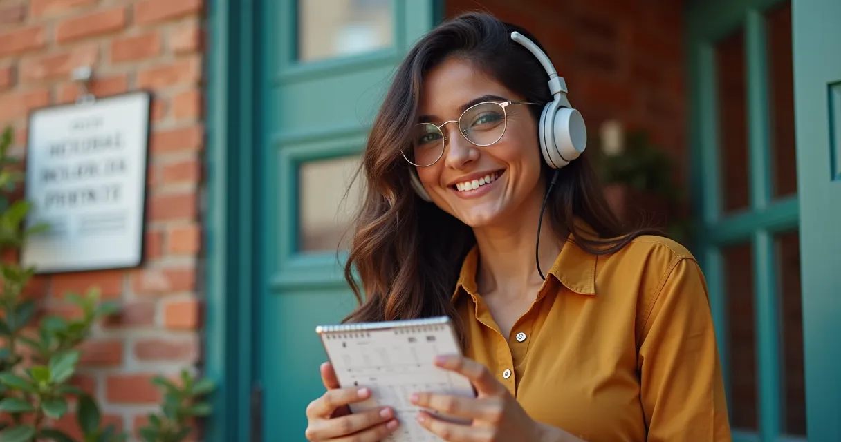 persona sonriendo mientras usa su portátil, con un calendario editorial bien organizado en la pantalla. Sobre la imagen, un texto que dice: