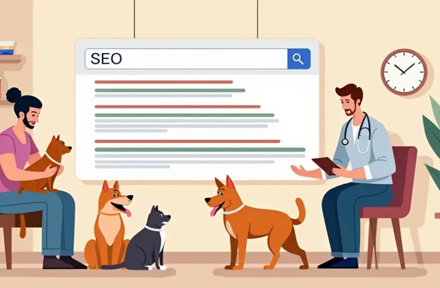 Portada: SEO para Clínicas Veterinarias y Expertos en Salud Animal - Guía 2024. Ilustración digital de clínica veterinaria moderna con mascotas y dueños, resultados de búsqueda de Google en primer plano