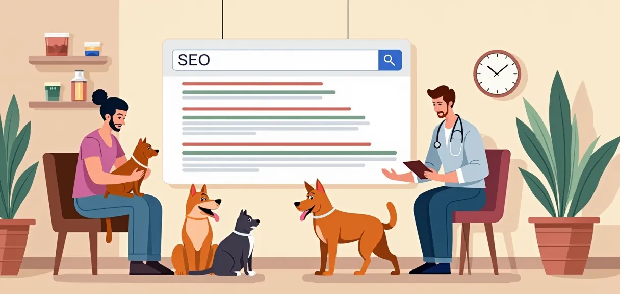 Portada: SEO para Clínicas Veterinarias y Expertos en Salud Animal - Guía 2024. Ilustración digital de clínica veterinaria moderna con mascotas y dueños, resultados de búsqueda de Google en primer plano