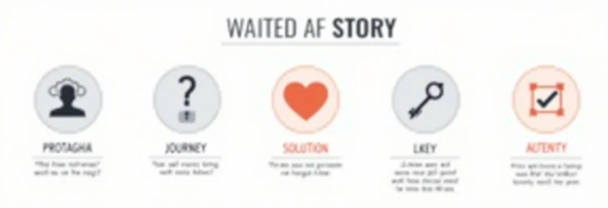elementos-clave-storytelling-marca-estructura-narrativa-seo-toptal alt: Elementos clave de una buena historia de marca: Protagonista, Conflicto, Viaje, Solución, Emoción.