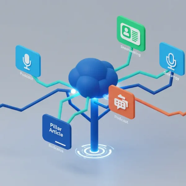 Diagrama de la estrategia de contenido multimodal de SeoToptal, mostrando cómo un artículo pilar se recicla en video, podcast e infografías para crear un ecosistema de contenido 360°.