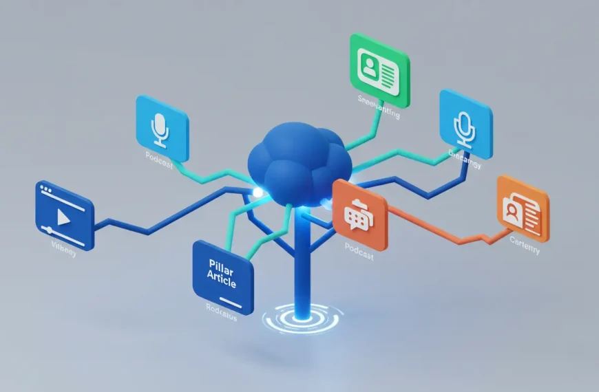 Diagrama de la estrategia de contenido multimodal de SeoToptal, mostrando cómo un artículo pilar se recicla en video, podcast e infografías para crear un ecosistema de contenido 360°.