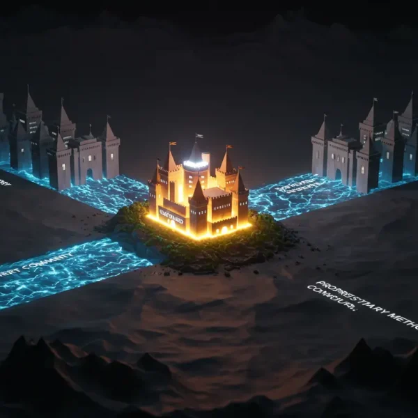 Diferenciar tu Negocio y Vencer a la Competencia 4 Ilustración del concepto de foso competitivo digital de SeoToptal, mostrando una marca única protegida por un foso de autoridad, narrativa y comunidad, separada de la competencia genérica.