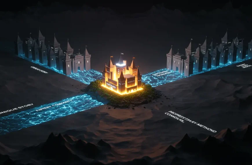 Ilustración del concepto de foso competitivo digital de SeoToptal, mostrando una marca única protegida por un foso de autoridad, narrativa y comunidad, separada de la competencia genérica.