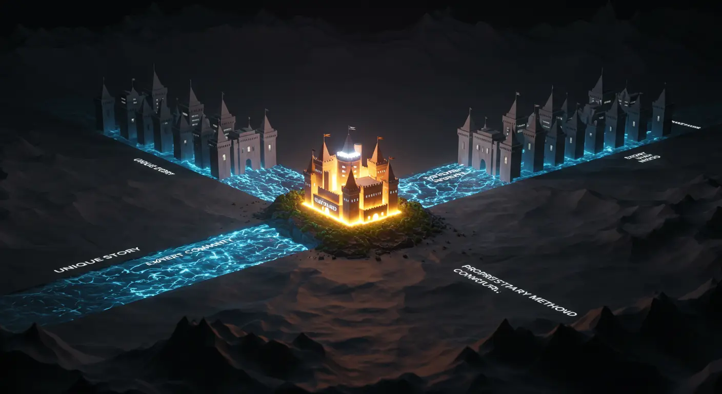 Ilustración del concepto de foso competitivo digital de SeoToptal, mostrando una marca única protegida por un foso de autoridad, narrativa y comunidad, separada de la competencia genérica.