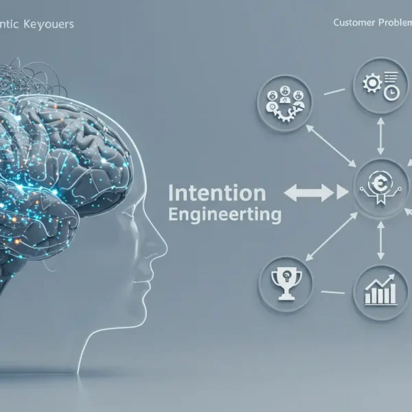 Diagrama de la metodología de Ingeniería de la Intención de SeoToptal, mostrando cómo se transforma una investigación de keywords caótica en un mapa estratégico de soluciones para el cliente.
