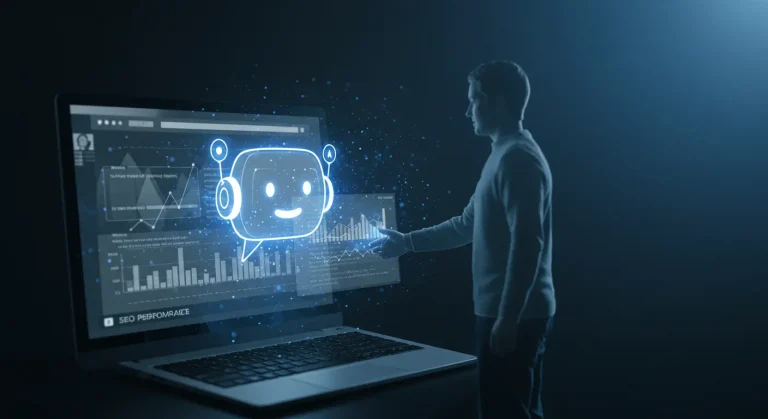 A friendly AI chatbot icon interacting with a human silhouette, shaking hands over a glowing screen displaying a website's SEO performance graph. The style is clean, modern, and represents collaboration between human strategy and AI analysis.