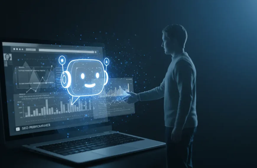 A friendly AI chatbot icon interacting with a human silhouette, shaking hands over a glowing screen displaying a website's SEO performance graph. The style is clean, modern, and represents collaboration between human strategy and AI analysis.