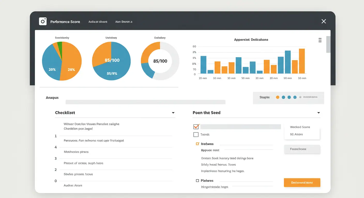 Auditoría instantánea con score detallado y recomendaciones Interface auditoría web score 85/100 gráficos circulares rendimiento checklist interactivo progress bars botones acción dashboard SaaS