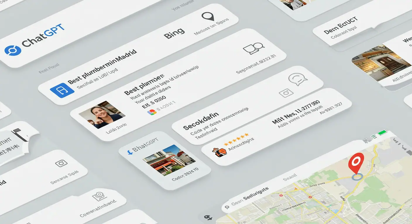 ChatGPT ya recomienda negocios locales basándose en datos de Bing ChatGPT interface búsqueda local mejor plomero Madrid resultados recomendaciones negocios integración Bing geolocalización