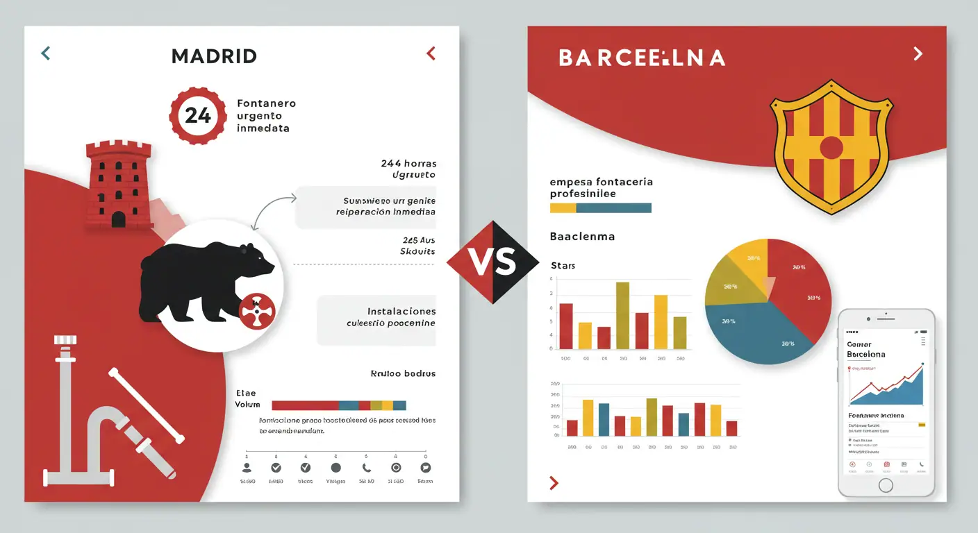 SEO Fontanería Madrid vs Barcelona: Guía Normativa 2025 3 Infografía comparativa de keywords de fontanería entre Madrid y Barcelona con volúmenes de búsqueda