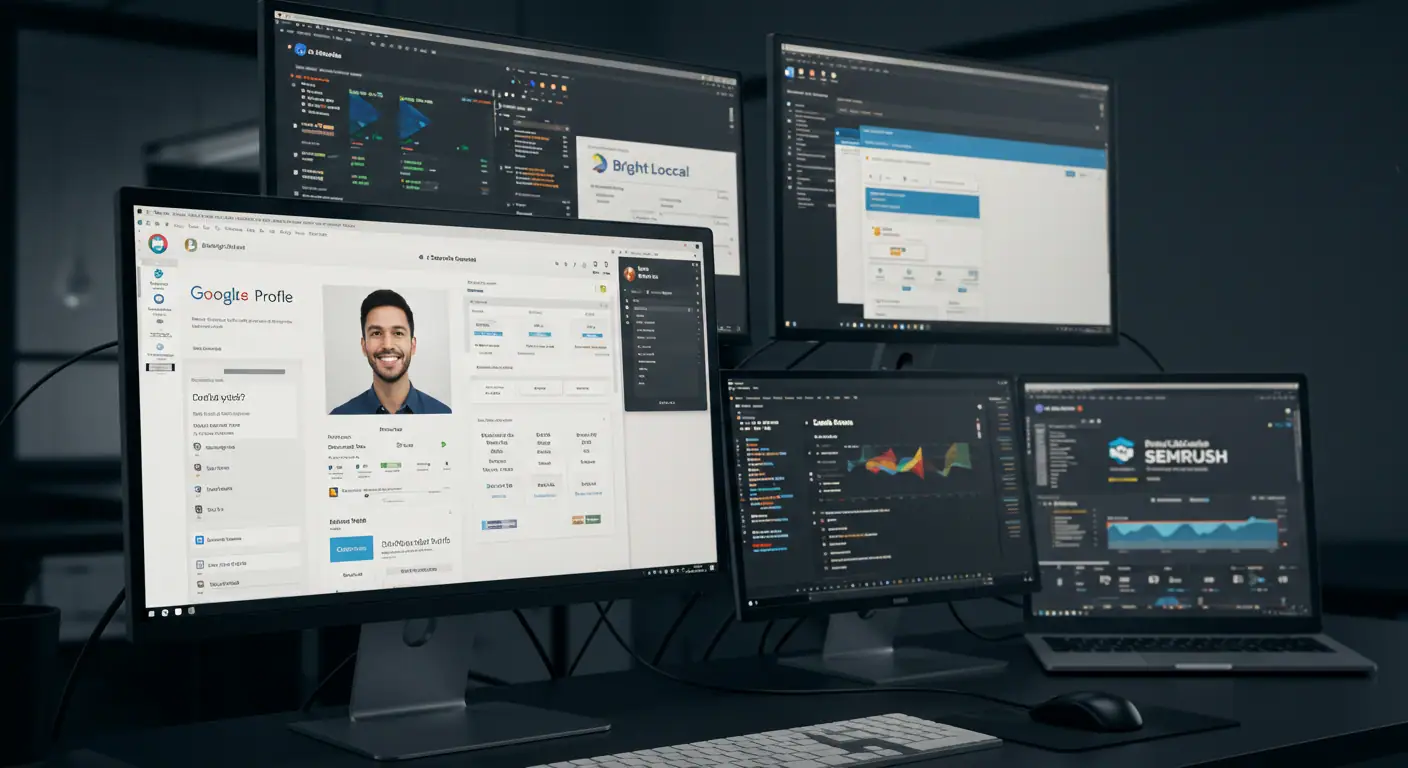 Stack tecnológico completo para SEO local profesional Escritorio múltiples pantallas herramientas SEO local Google Business Profile Search Console BrightLocal Semrush interfaces conectadas
