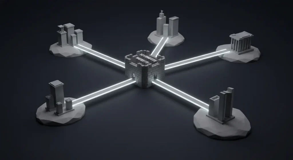 Ilustración de la estrategia de link building ético de SeoToptal, mostrando cómo se construyen puentes de autoridad desde un sitio web central hacia otras entidades de confianza en la industria.