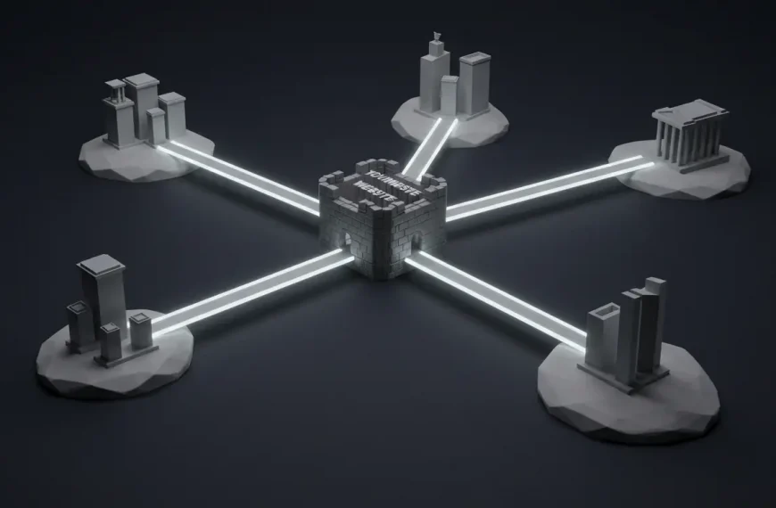 Ilustración de la estrategia de link building ético de SeoToptal, mostrando cómo se construyen puentes de autoridad desde un sitio web central hacia otras entidades de confianza en la industria.