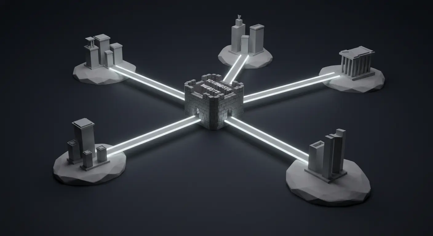 Ilustración de la estrategia de link building ético de SeoToptal, mostrando cómo se construyen puentes de autoridad desde un sitio web central hacia otras entidades de confianza en la industria.