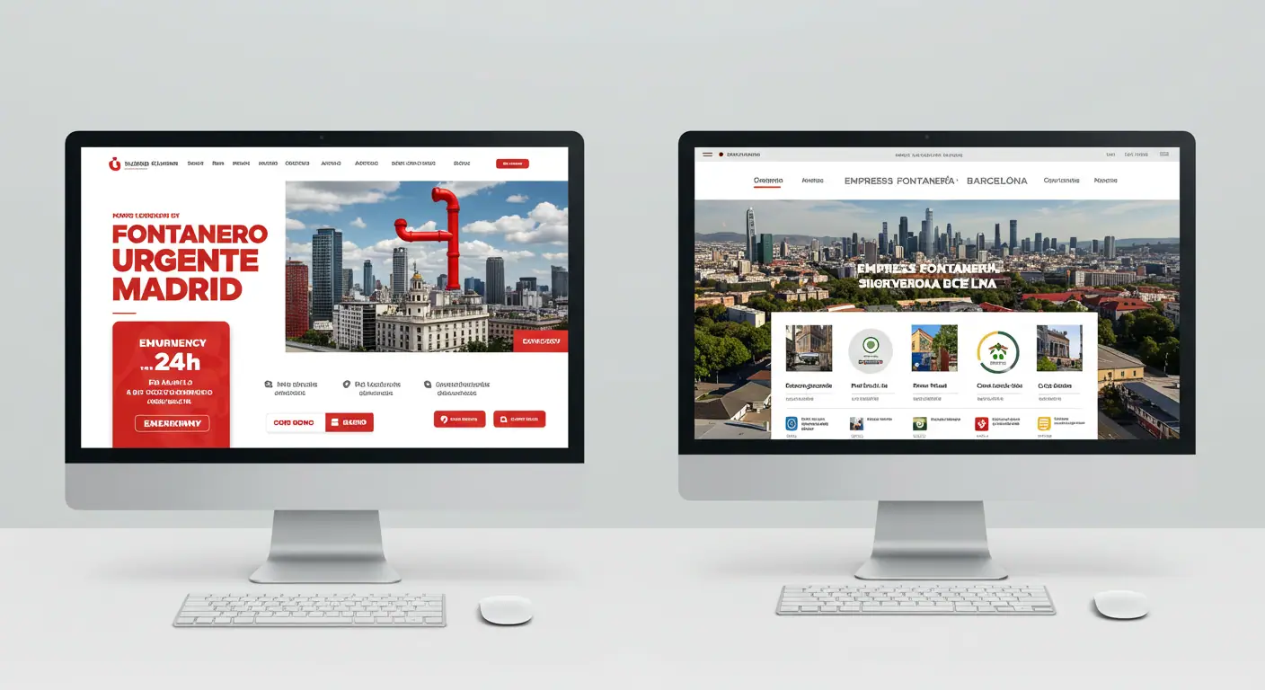 SEO Fontanería Madrid vs Barcelona: Guía Normativa 2025 4 Mockup de landing pages específicas para fontanería en Madrid y Barcelona optimizadas para SEO local