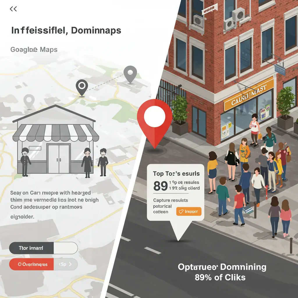 La diferencia entre ser visible o invisible en búsquedas locales Comparación visual negocio invisible sin clientes vs negocio dominante con cola de clientes, Google Maps mostrando distribución 89% clics primeros resultados