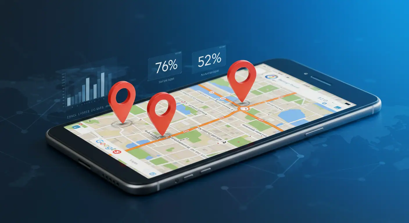 El 89% del tráfico local proviene de los primeros 3 resultados en Google Maps Smartphone mostrando Google Maps con primeros 3 resultados locales dominando 89% de clics, estadísticas 76% visitas 24h y 52% uso ChatGPT
