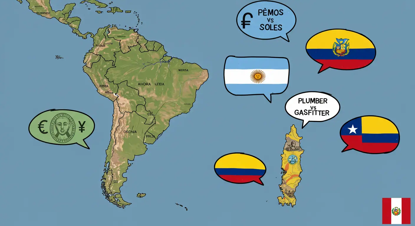 Cada país latinoamericano tiene particularidades únicas Mapa Sudamérica monedas locales pesos soles modismos plomero gasfiter métodos pago regionales banderas Argentina Chile Colombia Perú