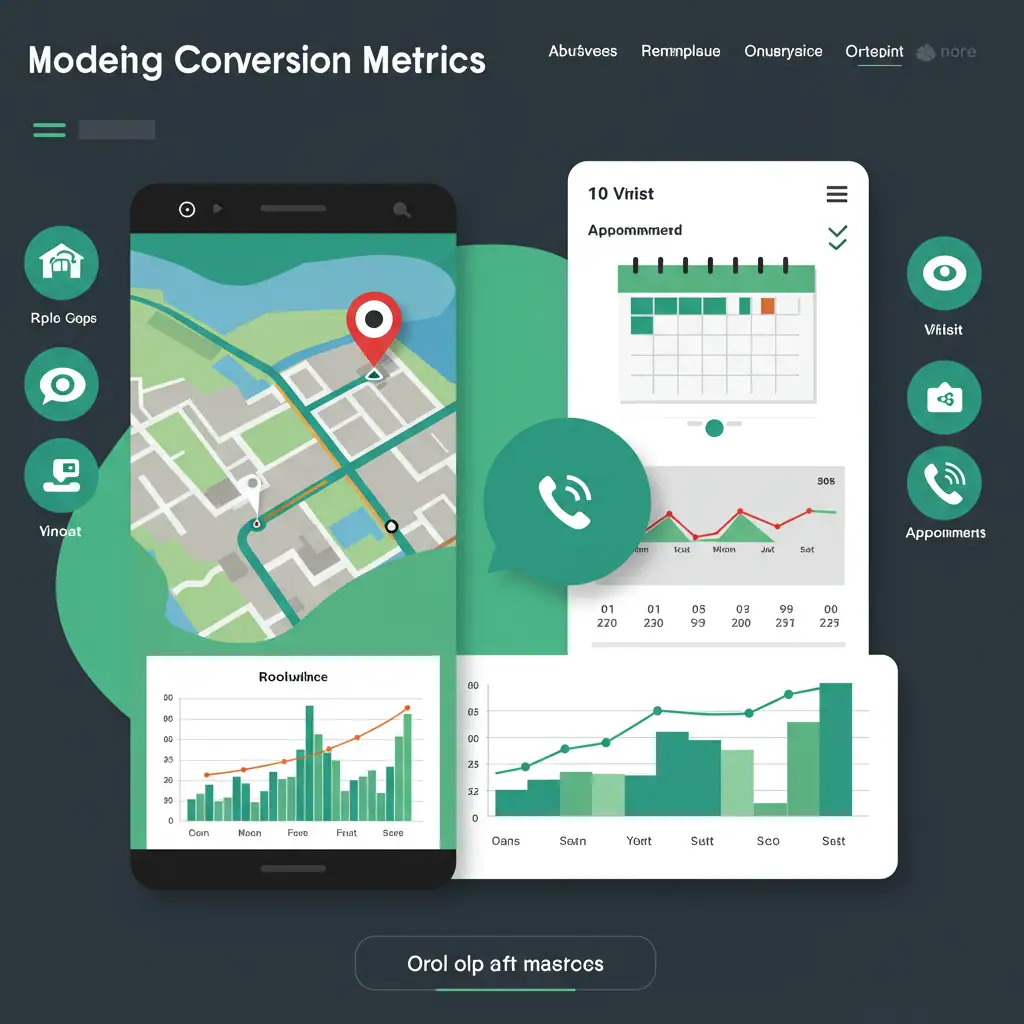 Enfocamos en conversiones reales, no métricas de vanidad Dashboard analytics mostrando métricas conversión real: llamadas telefónicas, rutas GPS, reservas calendario, ROI negocios locales