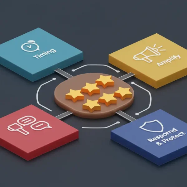 Diagrama del sistema de gestión de reputación de SeoToptal, mostrando los 4 pilares: timing, la petición, amplificación y respuesta, para conseguir y gestionar reseñas de clientes.