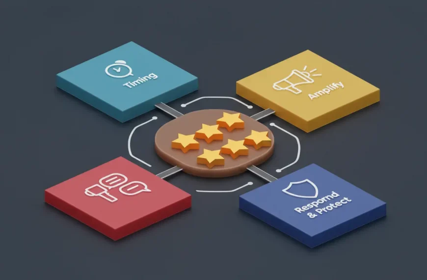 Diagrama del sistema de gestión de reputación de SeoToptal, mostrando los 4 pilares: timing, la petición, amplificación y respuesta, para conseguir y gestionar reseñas de clientes.