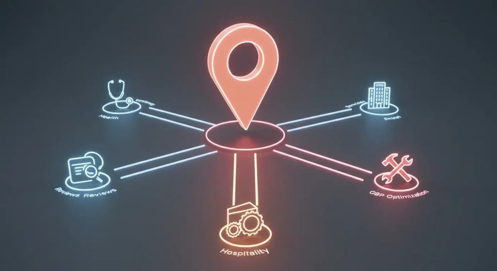 Diagrama del sistema de SEO local por nicho de SeoToptal, mostrando cómo una estrategia central se personaliza para médicos, hoteles y negocios de servicios.