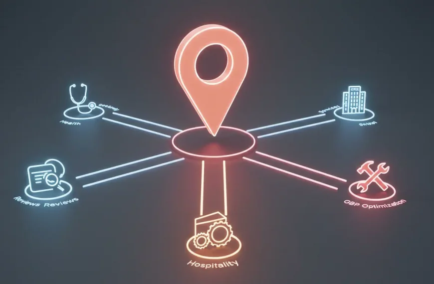 Diagrama del sistema de SEO local por nicho de SeoToptal, mostrando cómo una estrategia central se personaliza para médicos, hoteles y negocios de servicios.
