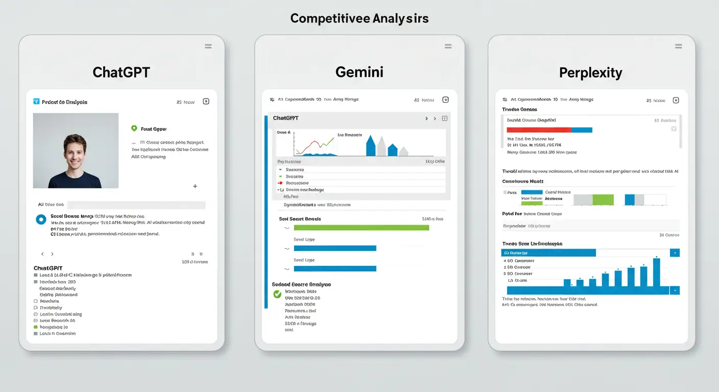 Verifica tu visibilidad en las principales plataformas de IA Triple pantalla ChatGPT Gemini Perplexity misma búsqueda local resultados comparativos análisis visibilidad checkmarks dashboard competitivo