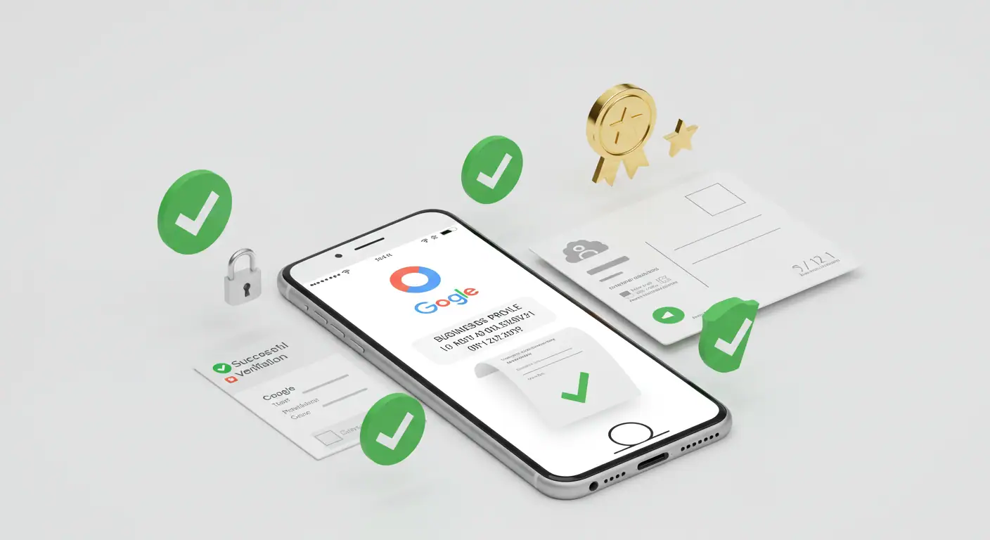 Verificación: el primer paso crítico para aparecer en Google Maps Proceso verificación Google Business Profile: tarjeta postal código verificación smartphone checkmarks autenticación exitosa